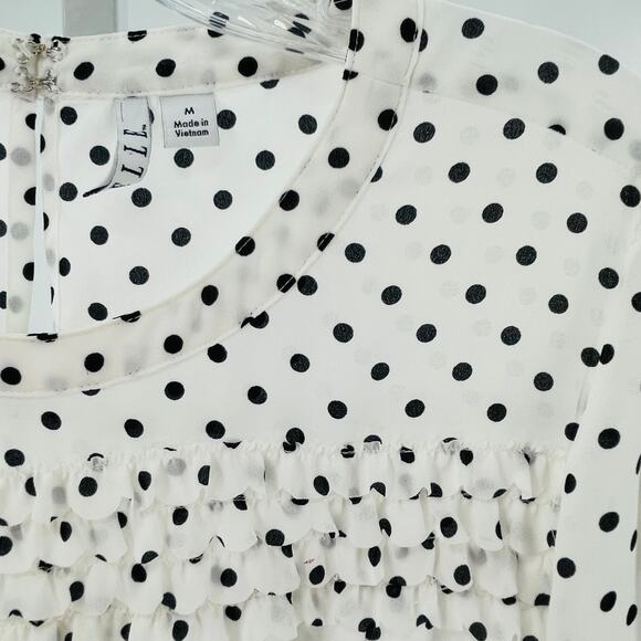 Elle White Black Polka Dot Ruffle Bodice Long Sleeve Sheer Chiffon Blouse M - Picture 3 of 9